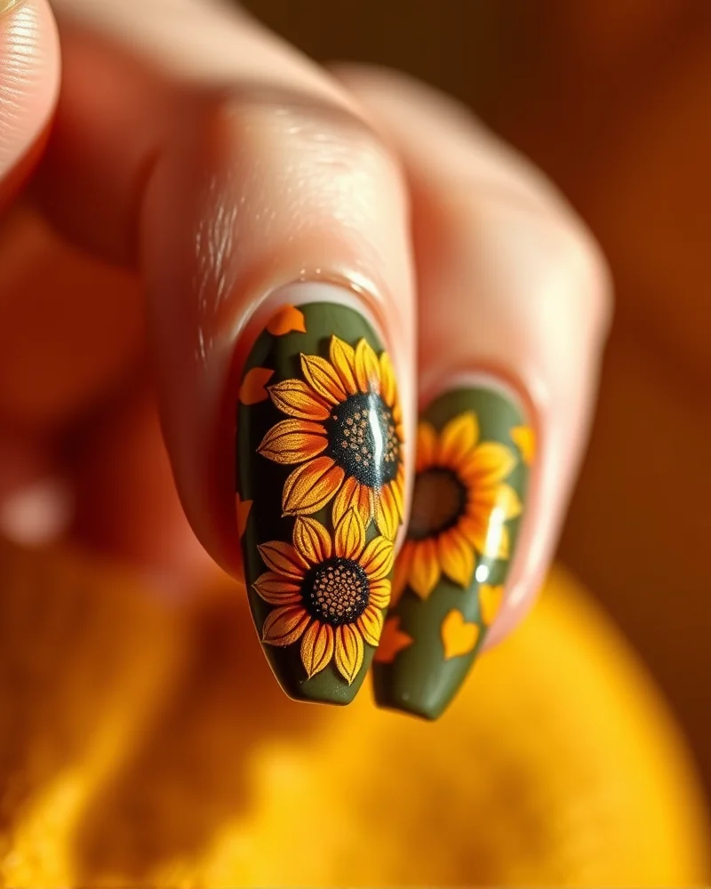Fall Sunflower Nails 3 Close up professional photography of fall sunflower nail art featuring marigold, espresso, and olive green gel polish with a matte and glossy finish.