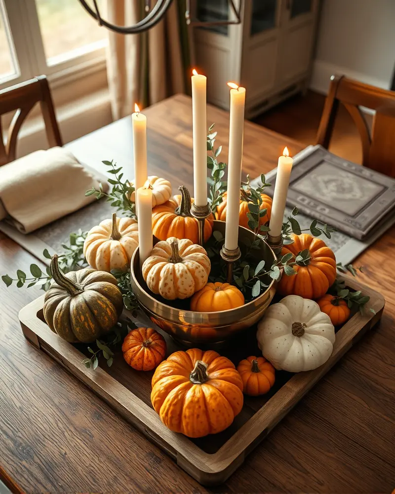 Close up of a professional fall table centerpiece showing the five essential structural components including foundation, height, texture, greenery, and an anchor piece.