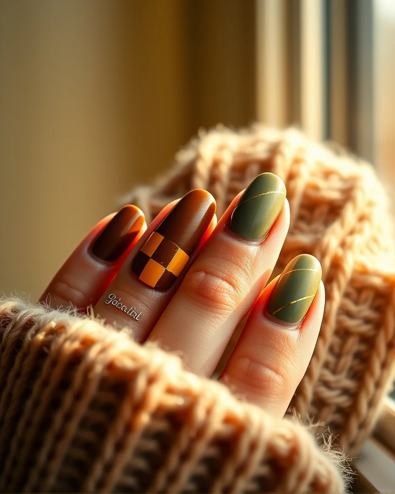 Fall Checkered Nails 3 Close up of autumn themed checkered nails featuring a palette of espresso brown, burnt orange, and sage green with metallic gold accents.
