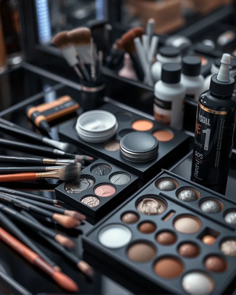 Professional SFX makeup tools including synthetic brushes and silicone sculpting tools laid out for 2026 Halloween face art.
