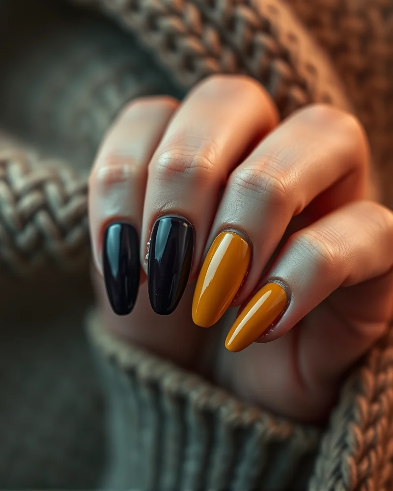 Fall Nails September 3 Close up of a manicured hand displaying the best fall nail polish trends including espresso, olive, dark plum, and muted mustard shades on long almond shaped nails against a cashmere background.