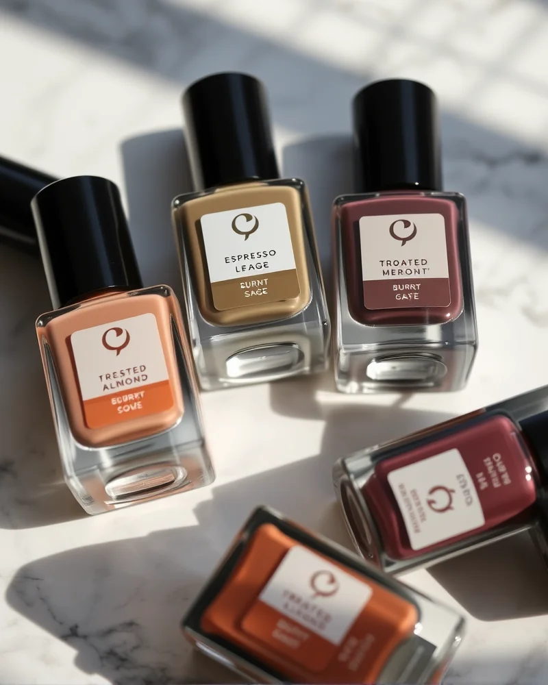 Early September Nails 3 Five trending nail polish bottles for early September showcasing deep earthy tones like Espresso and Muted Merlot.