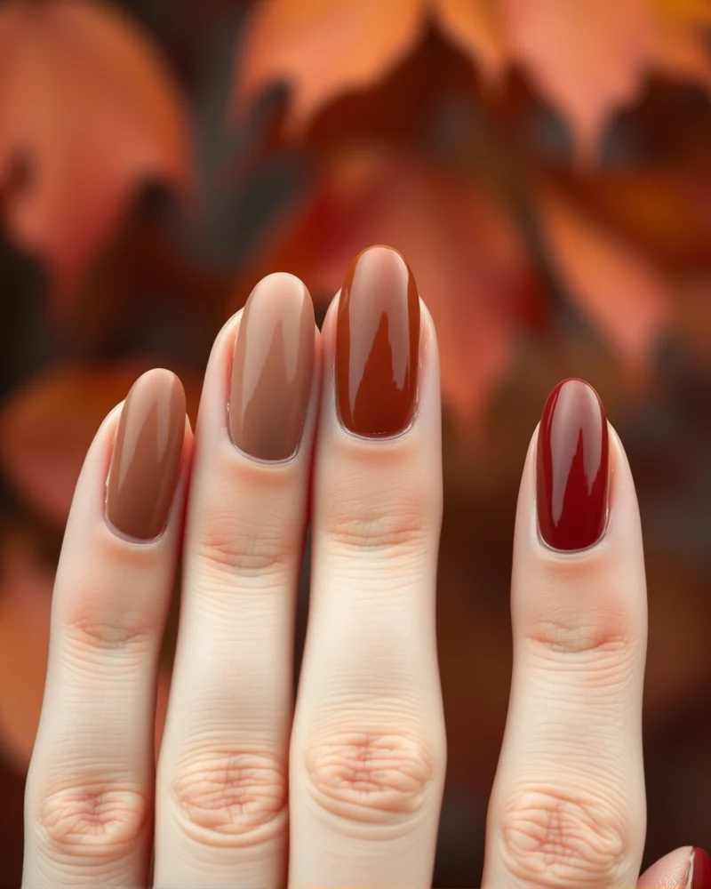 A close up display of various brown nail polish shades including taupe, mocha, and chocolate on manicured nails for fall beauty inspiration.