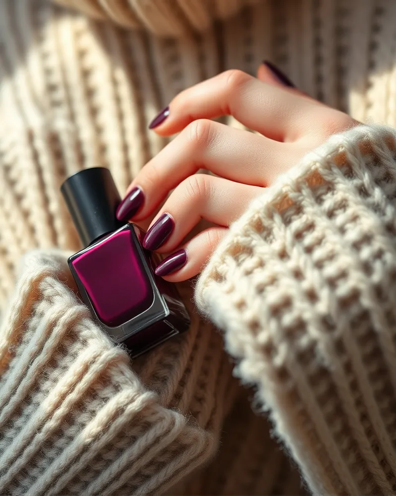 Professional transitioning manicure routine for September fall nails featuring cuticle oil and deep pigment polish.