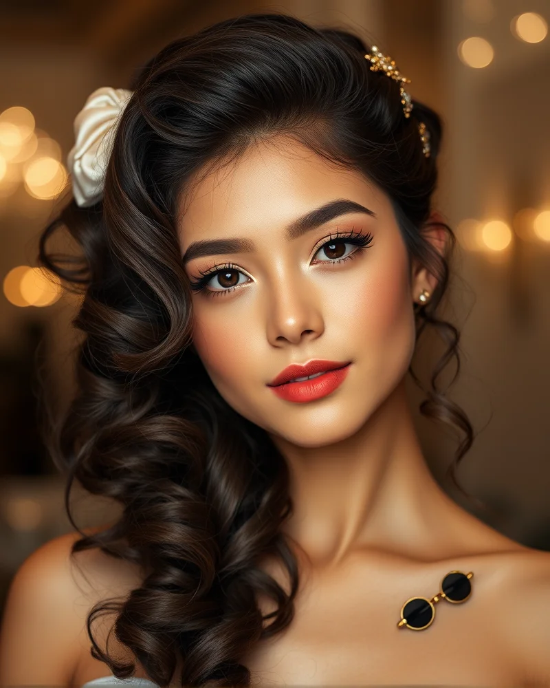 A sophisticated half-up half-down curly homecoming hairstyle featuring sleek edges, a silk scrunchie, and voluminous defined curls.