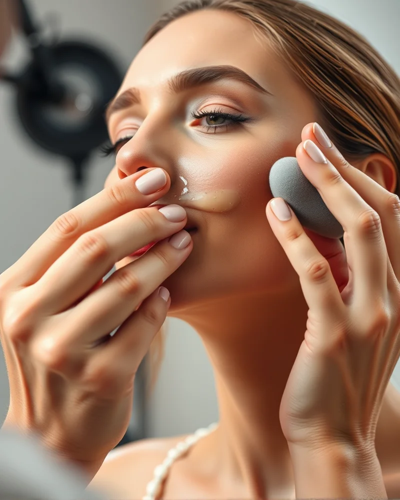 A professional makeup artist applying foundation with a beauty sponge to ensure a high-definition, flashback-free finish for homecoming photos.