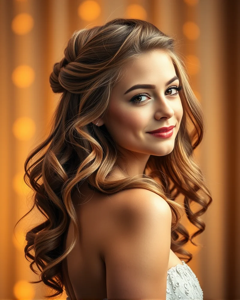 A stunning half up half down homecoming hairstyle demonstrating diverse hair textures and densities. The image shows a blend of fine, volumized hair on one side and smooth, defined thick wavy hair on the other, highlighting the importance of tailored hair prep and styling products like volumizing mousse, anti-frizz serum, and texturizing spray, all protected by heat protectant. The hair is shiny and healthy, perfect for a special occasion.
