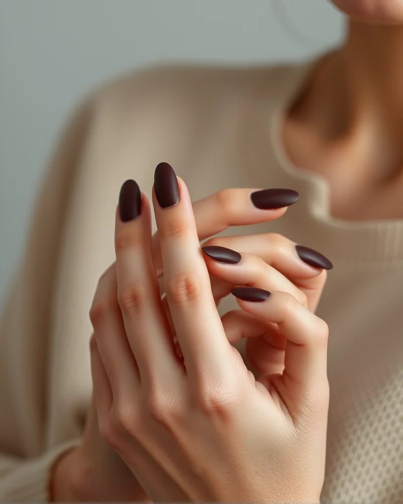 Fall Nails Inspo 2026 3 Close-up of a short almond nail shape in a deep espresso polish representing the Fall 2026 quiet luxury trend.