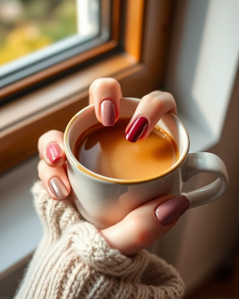 Fall Pink Nails 3 A close-up view of hands with autumn-themed pink nail polish shades including mauve and dusty rose, styled with a cozy knit sweater background.