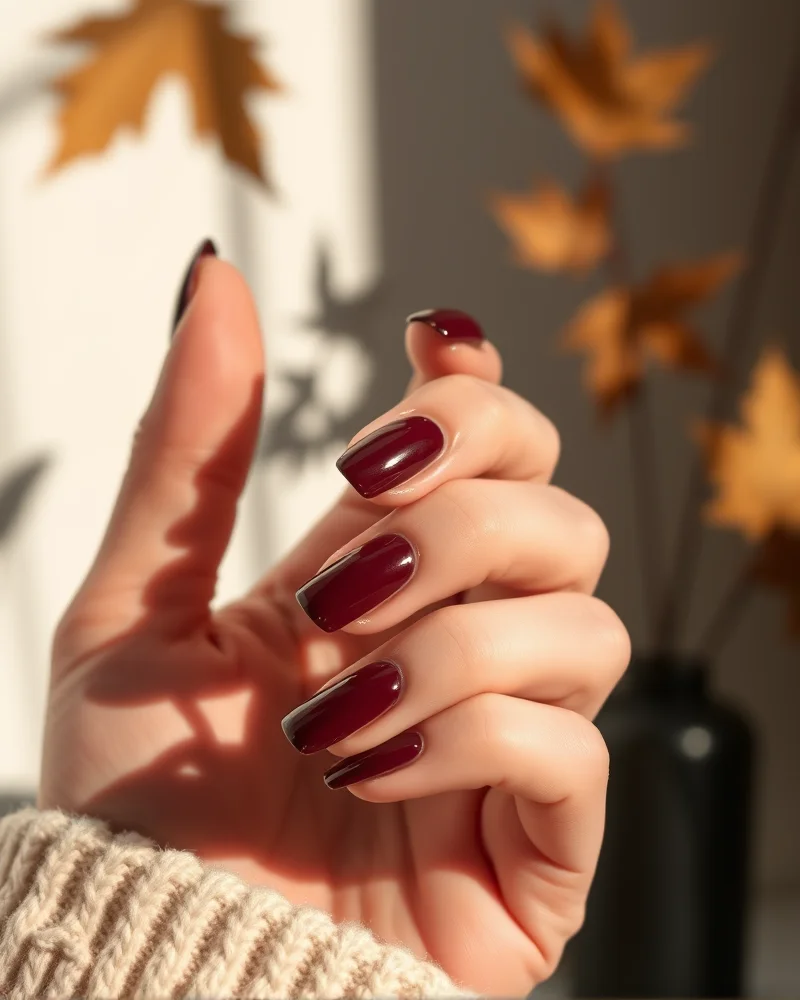 Fall Nails Red Burgundy 3 A close up of elegant deep burgundy nails styled for the fall season.