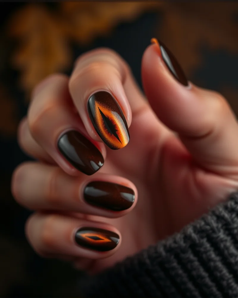 Close up of elegant almond shaped nails showcasing trendy fall cat eye designs in espresso brown and burnt orange colors with a metallic magnetic finish.
