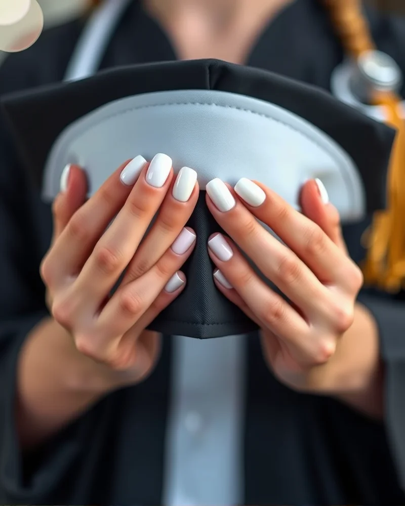 Close up of four white nail polish finishes including milk bath and opaque snow on a nursing student at graduation