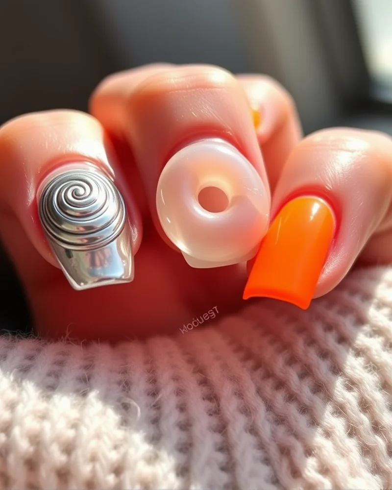 spring break nails for college students 2 A close-up shot of multiple manicure styles including metallic chrome swirls, pearlescent glazed donut polish, and neon orange French tips displayed on a clean background.