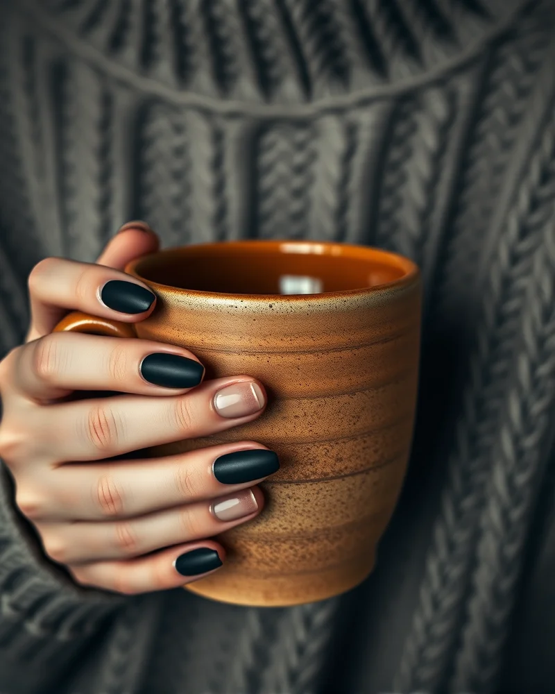 Close up of long almond-shaped matte black nails holding a warm coffee mug with a cozy sweater sleeve visible, representing the fall chalkboard nail trend.