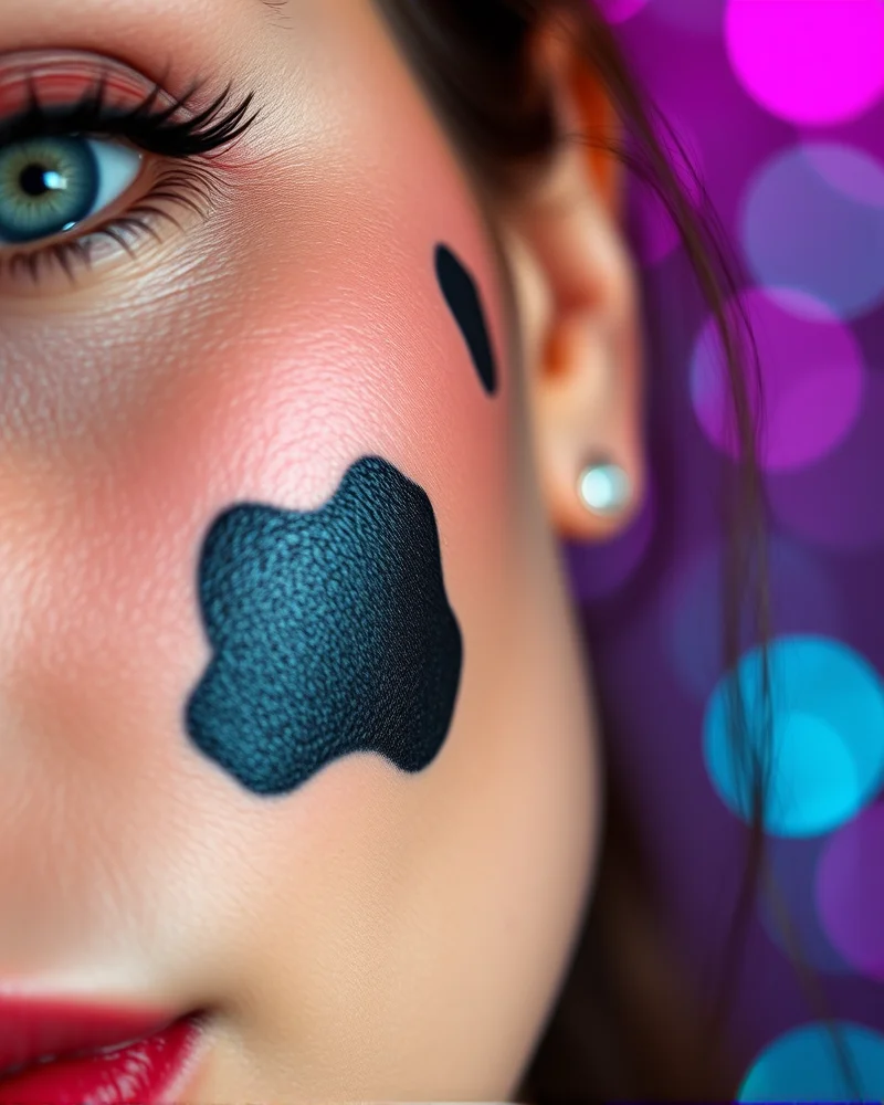 Close-up of artistic graphic cow print makeup spots on a festival attendee, featuring sharp black gel eyeliner edges and a glowing, long-wear base application.