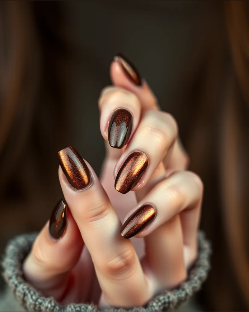 Midnight Metallic nail polish trend featuring burnished copper and forest green chrome finishes for fall 2026.