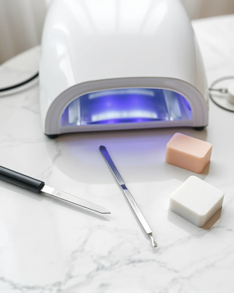 Early September Nails 10 Professional at-home nail care tools including a glass file, cuticle pusher, and LED curing lamp on a marble background.