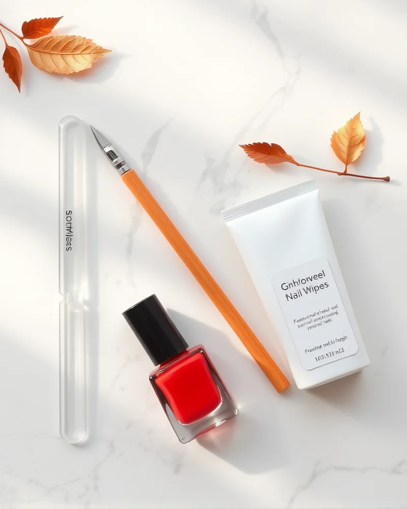 Classy Fall Nails 9 Professional at-home manicure tools including glass file and orange wood stick for creating luxury fall nails.