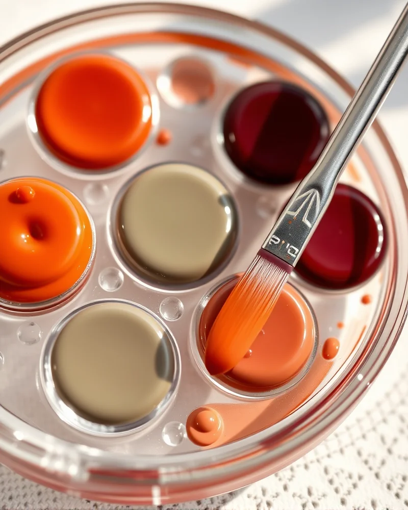 Cute Nails for Fall 11 Close up of custom autumn nail polish colors being mixed on a palette for a DIY fall manicure.