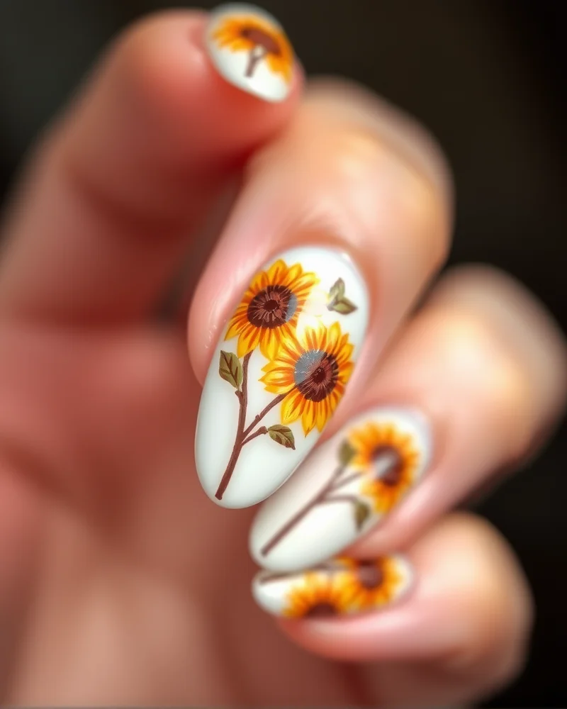 Fall Sunflower Nails 10 Close up of almond shaped nails with sunflower art for fall season