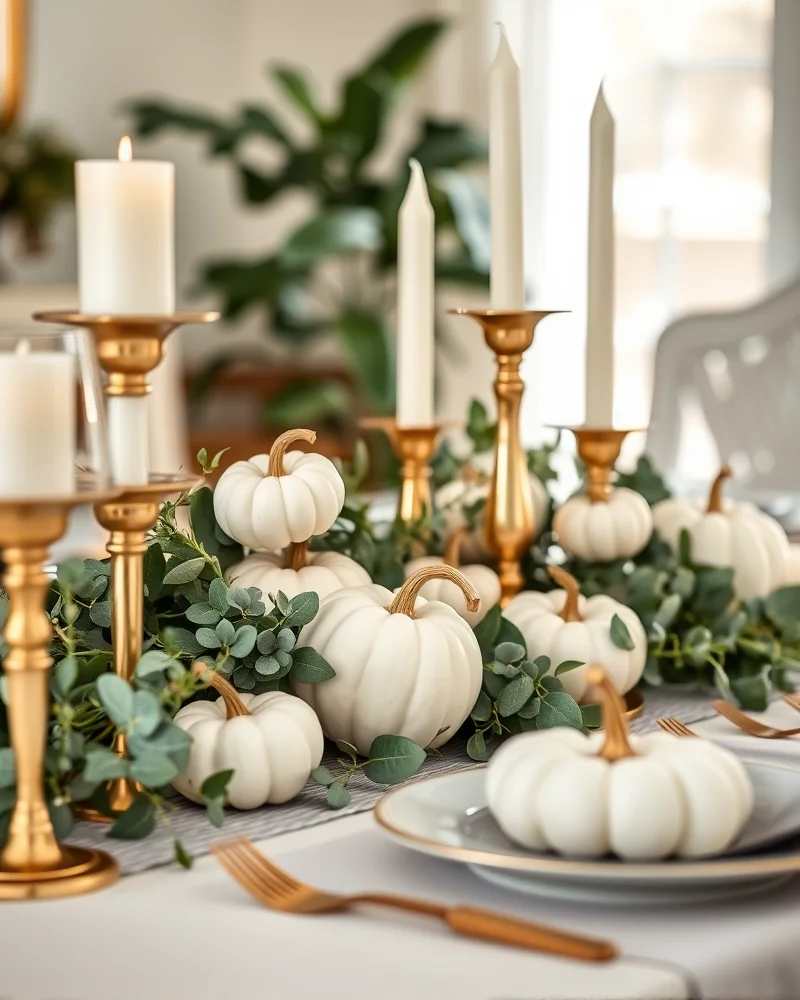 A sophisticated and cozy fall dining table centerpiece featuring pumpkins and greenery.