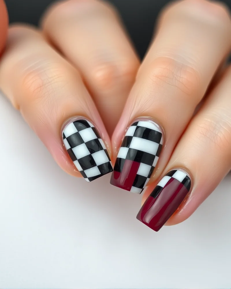 Fall Checkered Nails 8 Close up of short natural nails with a trendy checkered nail art design for autumn.