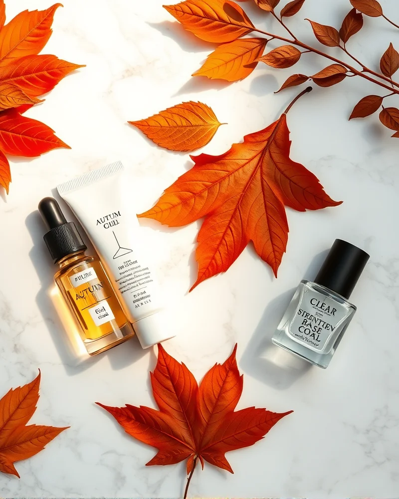 Professional autumn nail care kit essentials including cuticle oil, hand cream, and strengthening top and base coats on a marble background.