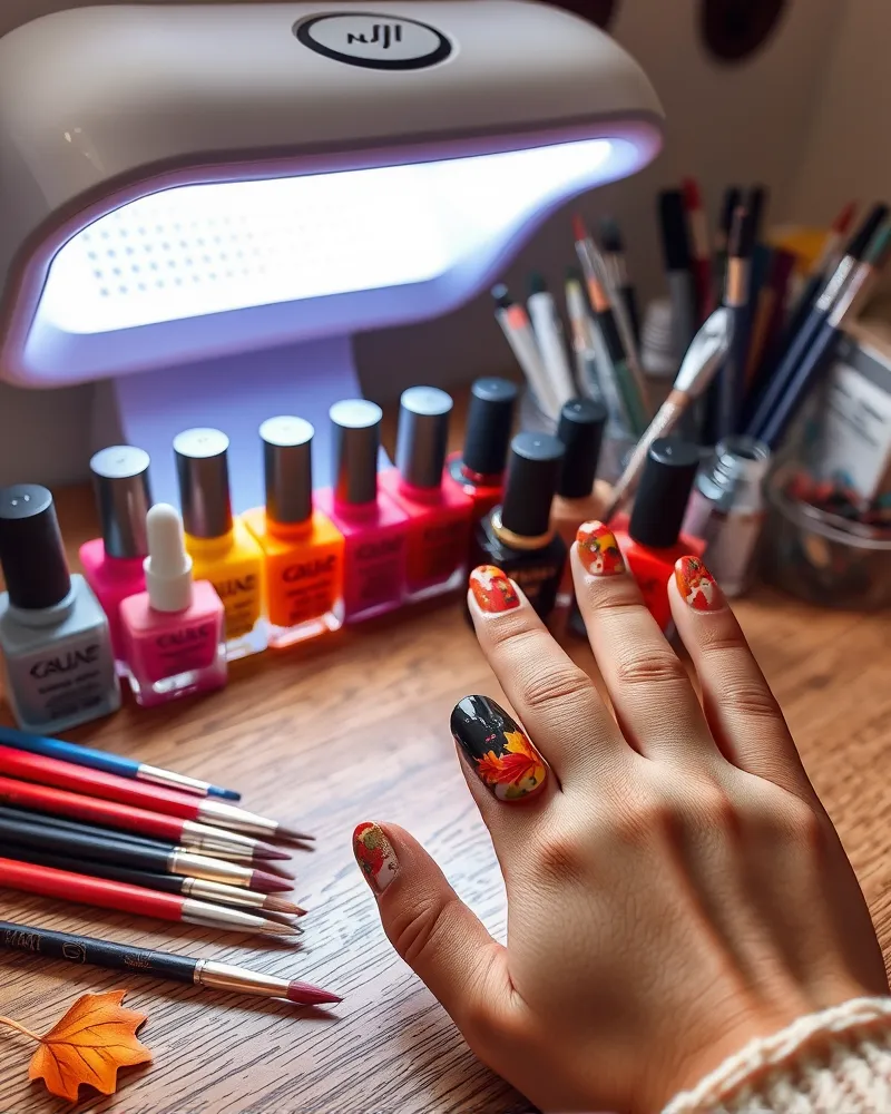 A comprehensive home nail art setup for creating DIY fall funky nails.