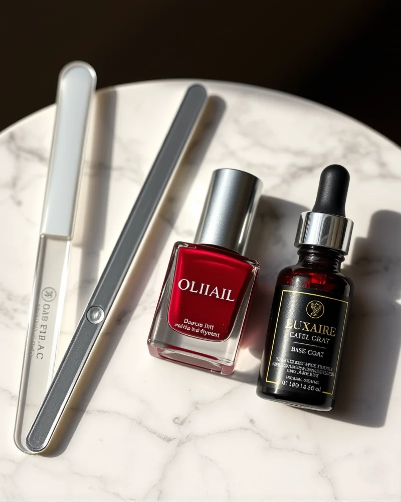 September Nails Square 11 Professional nail care essentials including a glass nail file and cuticle oil for maintaining square nails.