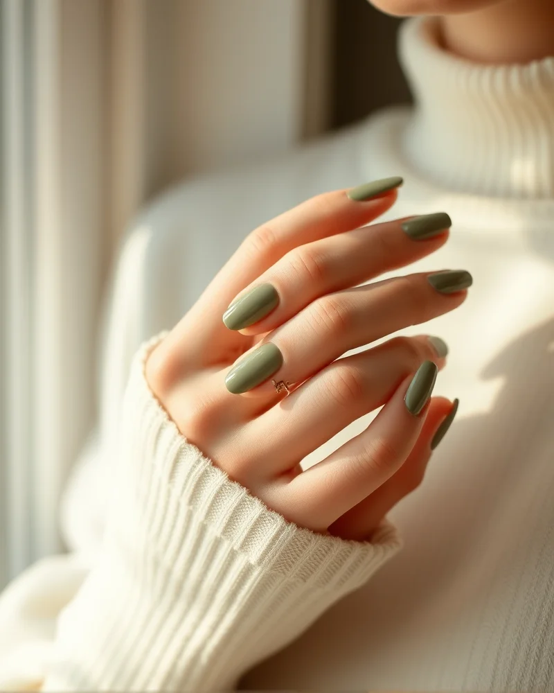 Close up of elegant fall 2026 earth-toned moss green manicure demonstrating grounding color trends.