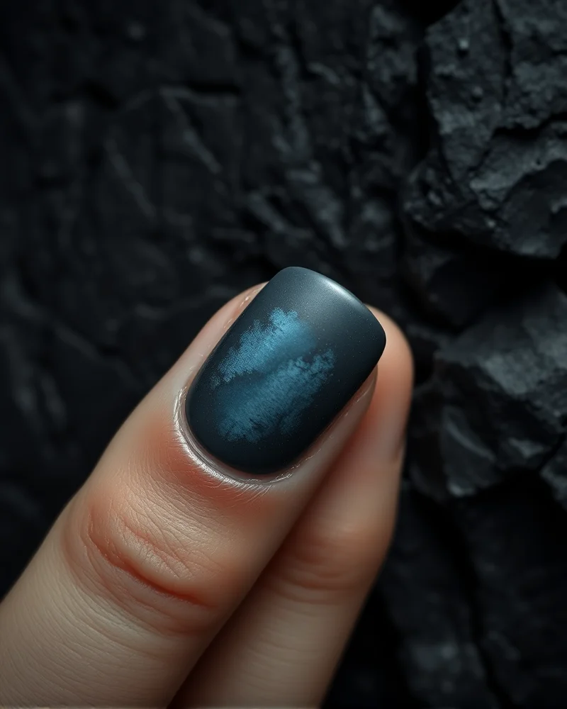 Close up of long almond shaped nails featuring a Stormy Aura gradient with deep charcoal and slate blue hues in a velvet matte finish.