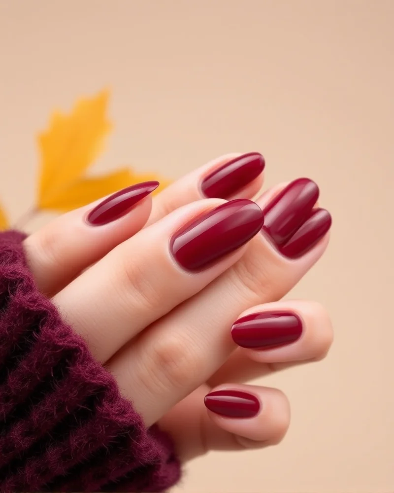 Fall Themed Nails Simple 10 Almond shaped nails featuring a chic, glossy deep red fall manicure
