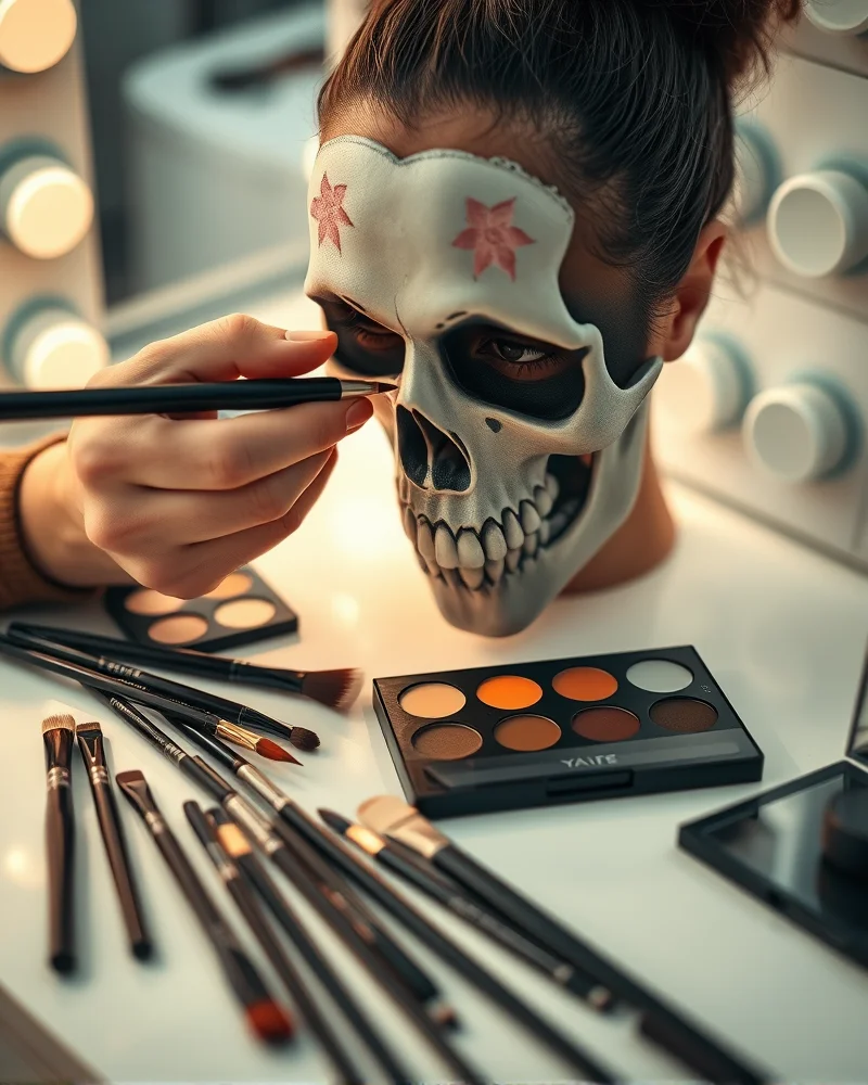 Professional makeup tools and supplies for creating detailed spooky skull makeup looks.