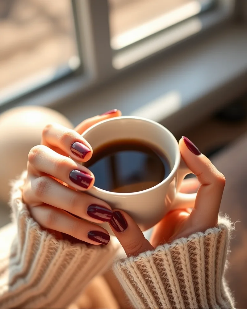 A woman wearing a deep plum nail polish while holding a coffee cup, representing the seasonal transition from summer to fall nails.