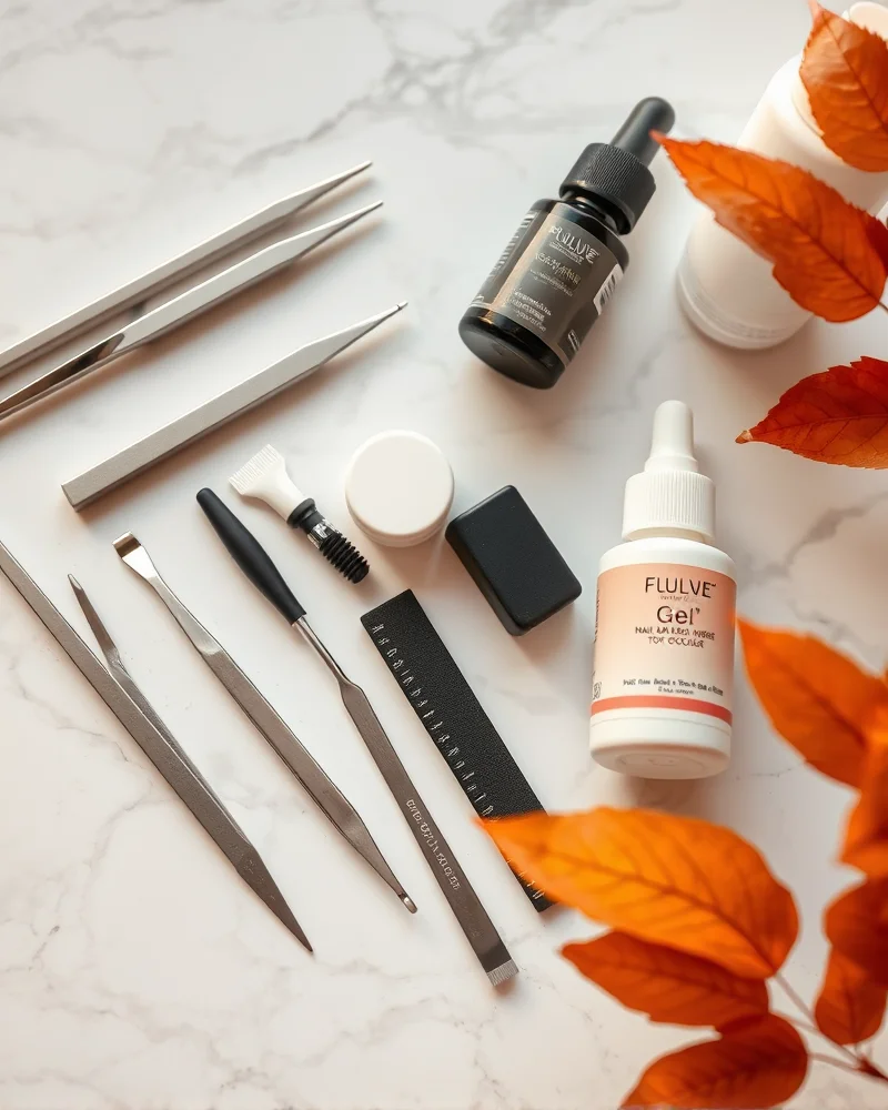 Fall Gel Nails 11 Professional gel nail manicure tools including buffers, pushers, and high-quality base and top coats.