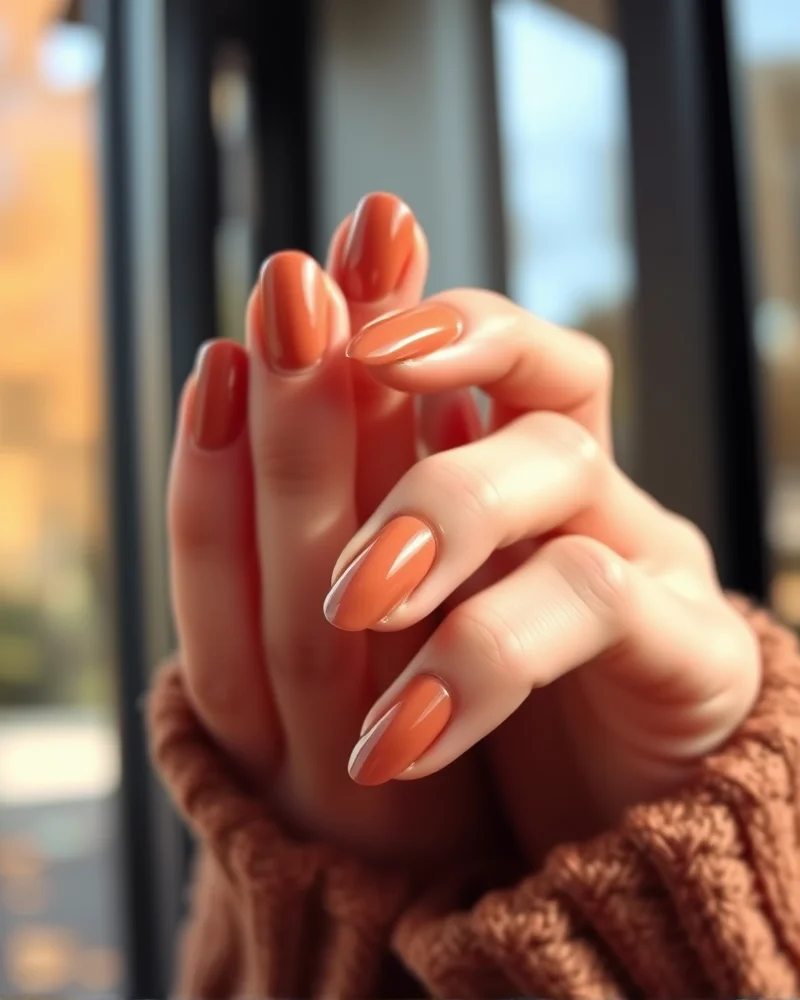 A close up of hands with muted terracotta nails representing a versatile September base color for fall.