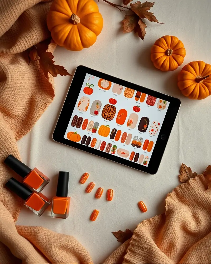 Fall Pumpkin Nail Designs 11 Professional manicurist workspace displaying fall pumpkin nail art inspiration on a digital tablet.