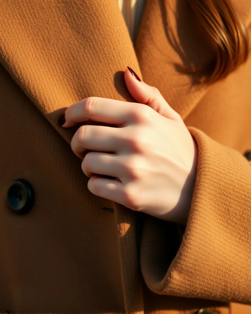 Early September Nails 11 Close-up of wine-colored nails perfectly matching a camel wool coat to demonstrate a coordinated autumn wardrobe style.
