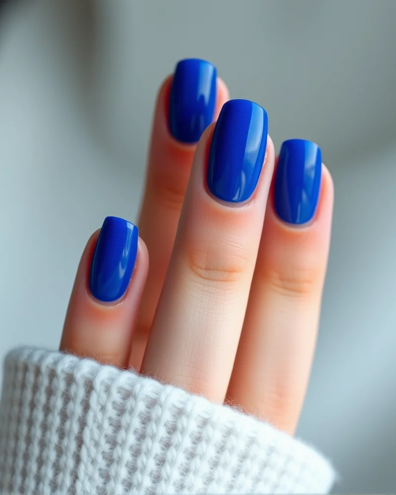 Close up of velvet blue magnetic cat-eye nails with deep shimmer effect.