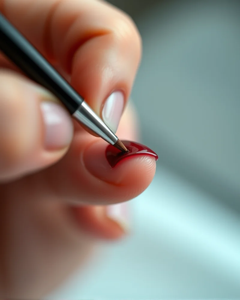 A close-up shot of a precise micro French manicure being applied with a striper brush on a natural nail, showcasing the thin burgundy line for a fall seasonal look.