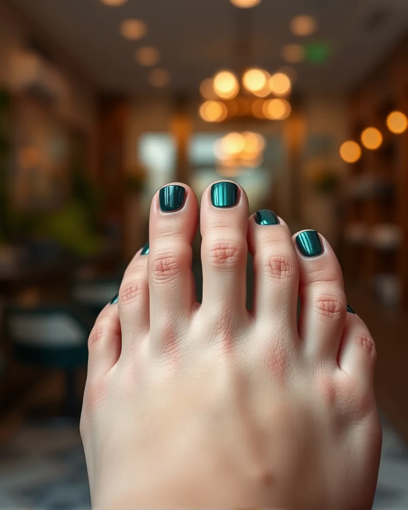 Fall Pedicures 4 Close up of feet featuring velvet magnetic nail polish in a deep emerald shade for an autumn pedicure