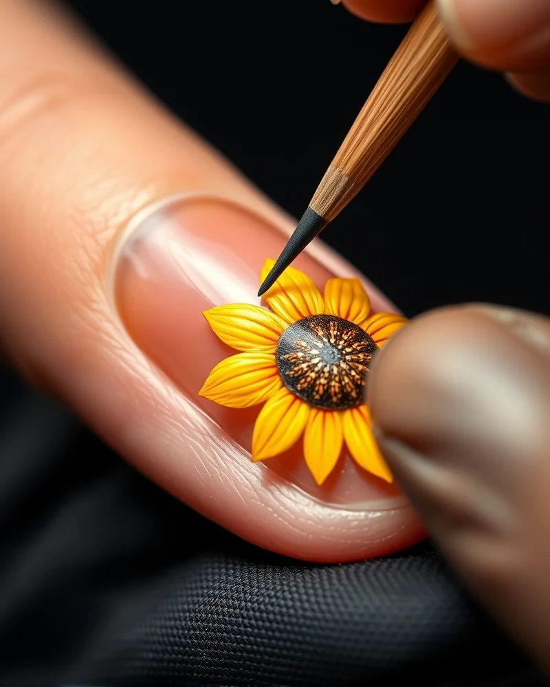 Fall Sunflower Nails 4 Close up of a fine liner brush creating precise comma strokes for sunflower nail art.