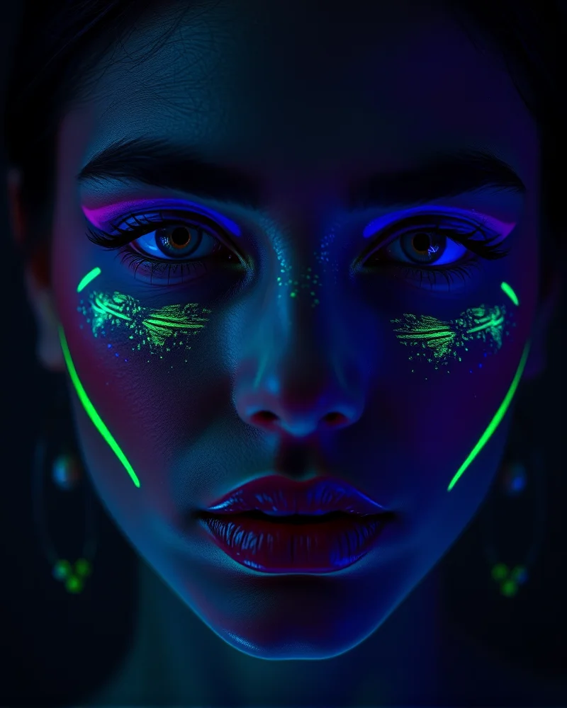 Model with viral bio-luminescent skin finish and glowing UV-reactive makeup for 2026 Halloween.