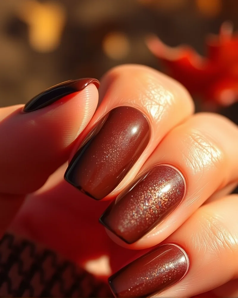 Espresso Glazed brown nails with a high-shine chrome finish perfect for fall.