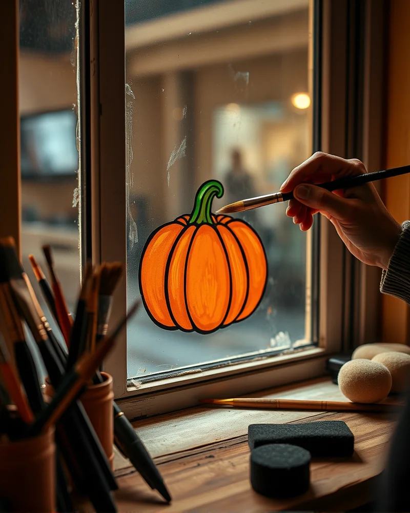 Halloween Window Painting 4 Professional artist tools including synthetic filbert brushes and liners used for creating detailed Halloween window art displays on glass.
