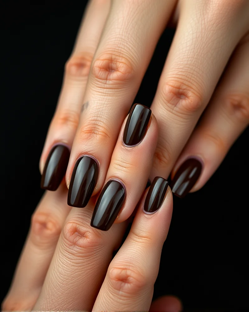 Early September Nails 4 Close-up of elegant espresso-colored nails with a glazed donut effect, capturing the high-gloss shine and deep brown pigment for a professional September manicure look.
