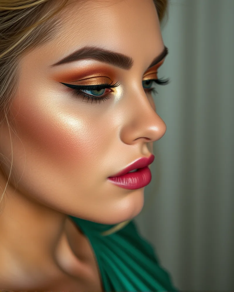 Hoco Makeup Inspo 3 Close-up of professional homecoming makeup showing metallic bronze eyeshadow and winged eyeliner paired with a luxurious velvet emerald dress texture.