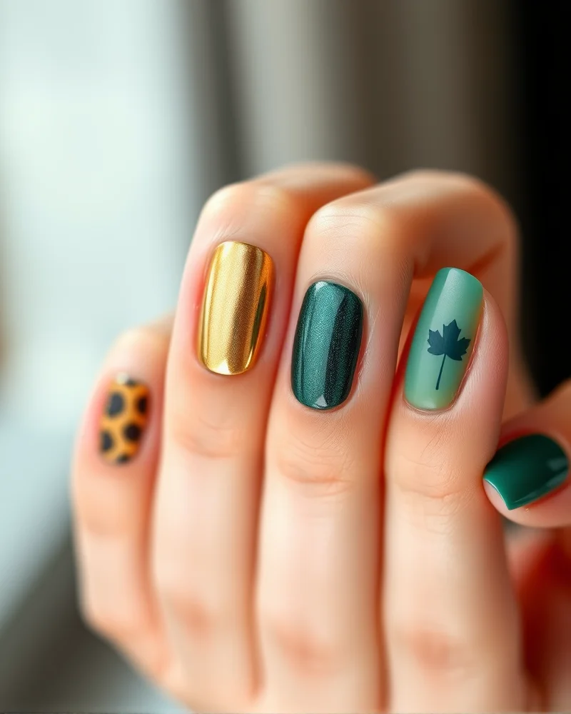 A close-up collection of the top 5 September nail art designs including tortoiseshell, chrome French tips, magnetic velvet polish, matte glazed donut, and minimalist leaf accents.