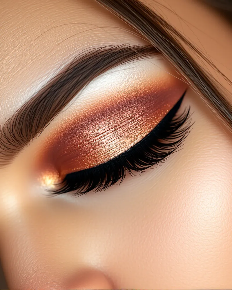 Close up view of professional sweat-proof homecoming eye makeup with shimmering gold eyeshadow and precise waterproof eyeliner.