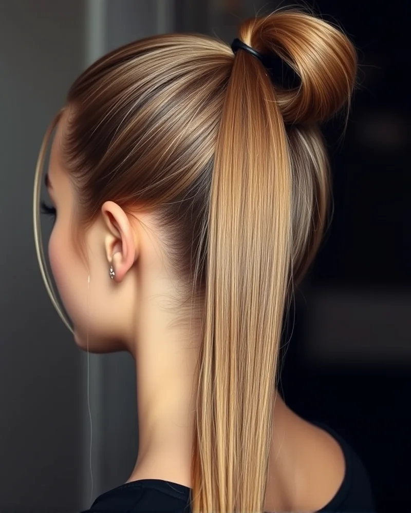 Professional sleek high ponytail hairstyle for homecoming with hidden hair elastic
